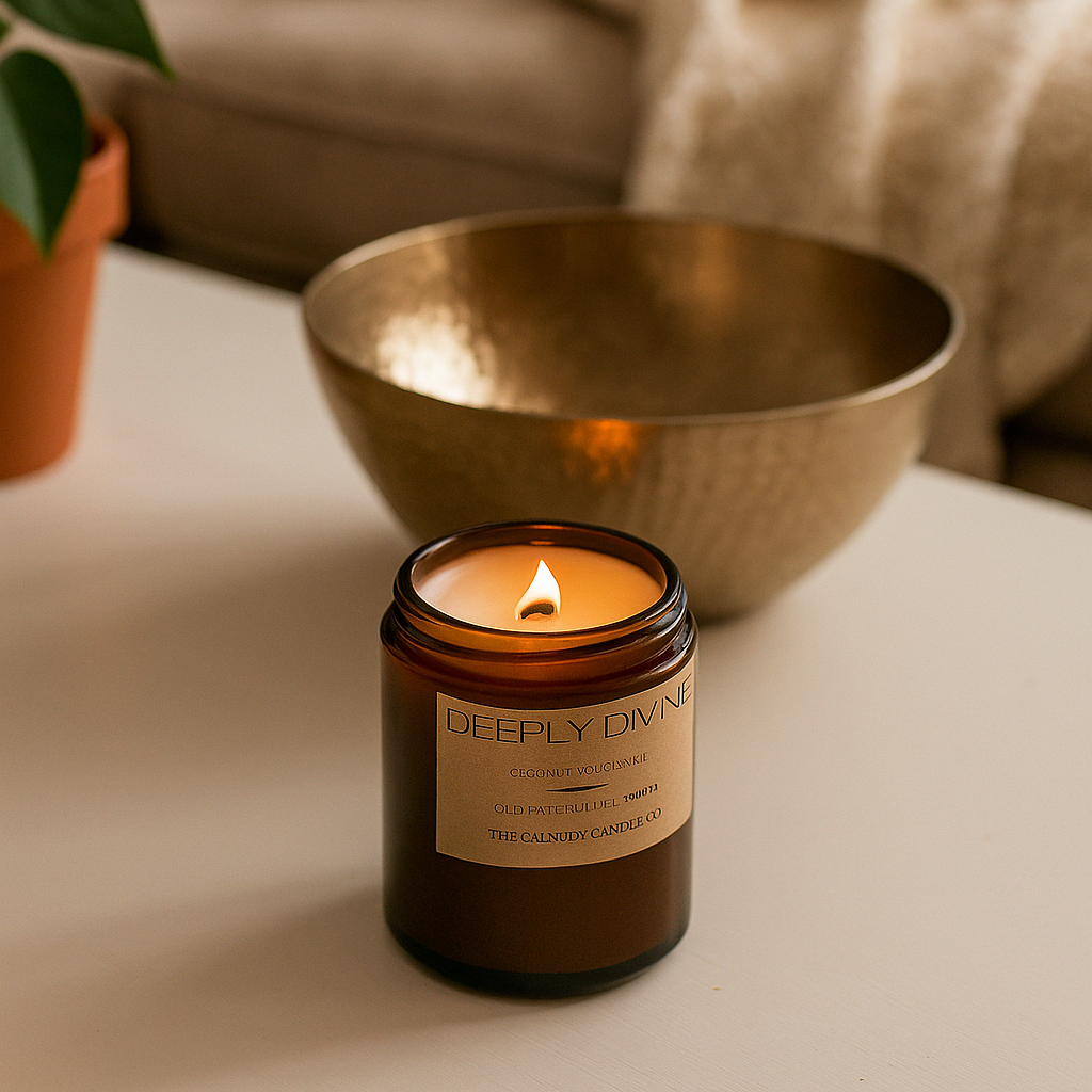 Candle labeled 'Deeply Divine' on a table with a bowl and plant in the background
