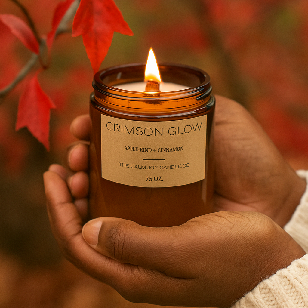 Hand holding a 'Crimson Glow' candle with autumn leaves in the background