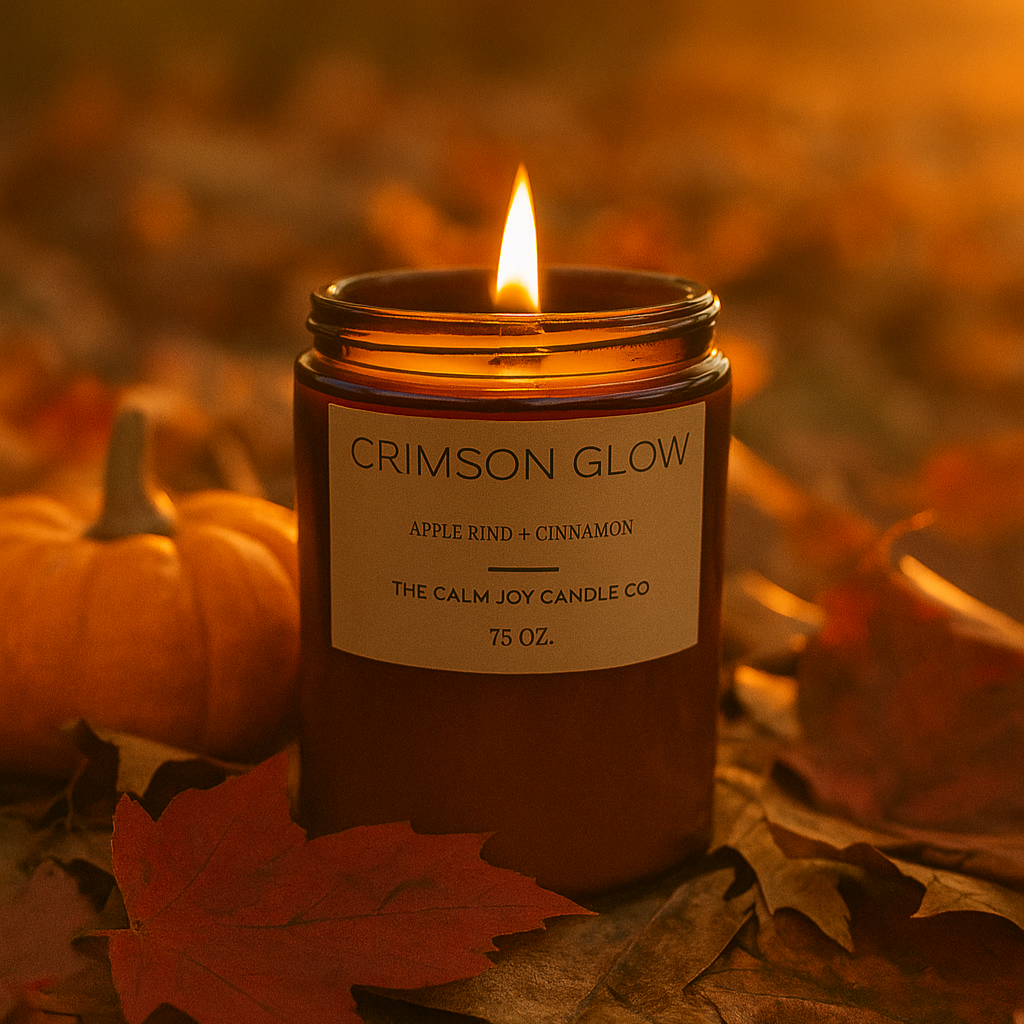 Candle labeled 'Crimson Glow' on a background of pumpkins and autumn leaves