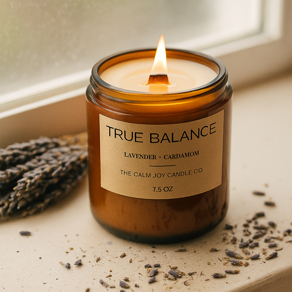 Candle labeled 'True Balance' with lavender and cardamom on a windowsill.