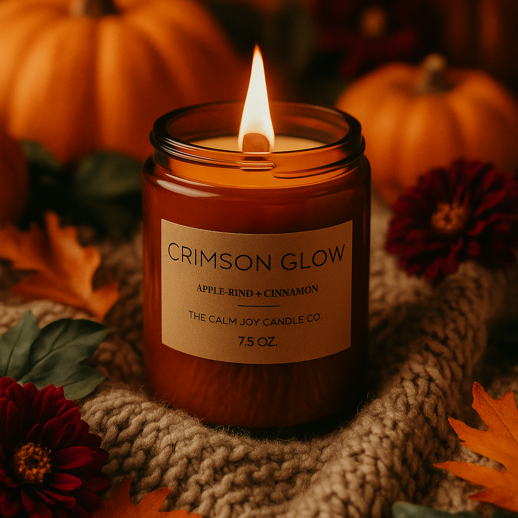 Candle labeled 'Crimson Glow' with pumpkins and autumn leaves in the background
