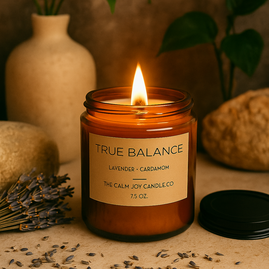 Candle labeled 'True Balance' with lavender and cardamom on a neutral background