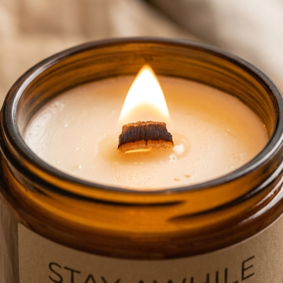 Candle in a glass jar labeled 'Stay Awhile' by The Calm Joy Candle Co.