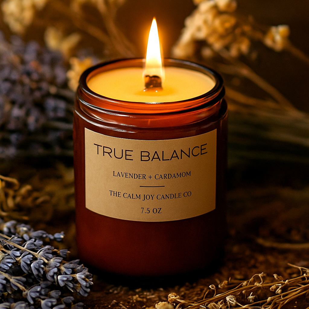 True Balance candle with lavender and cardamom on a wooden surface