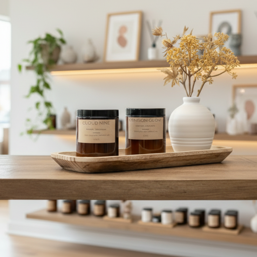 A well-lit room with a wooden table displaying jars and a vase, shelves in the background.