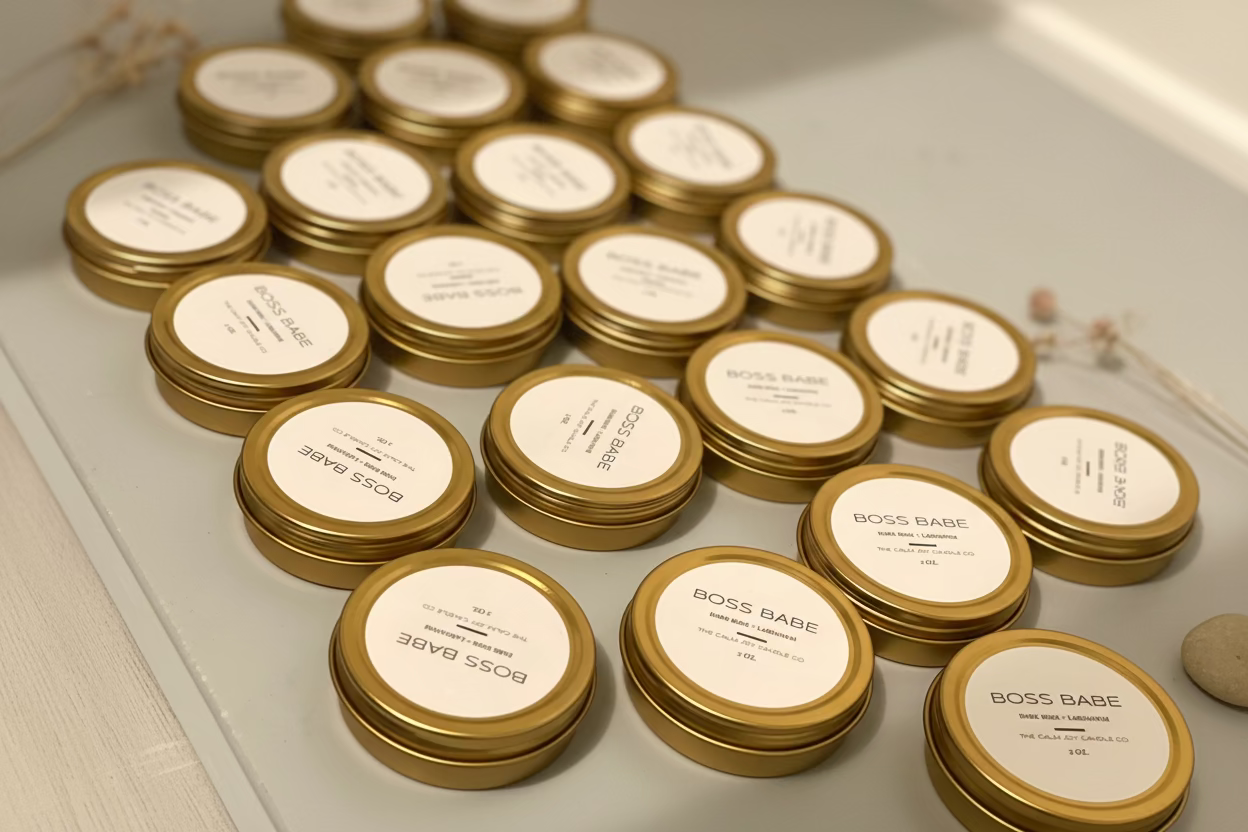 A collection of custom candle tins with labels, some with names and some with company logos, in a variety of colors.
