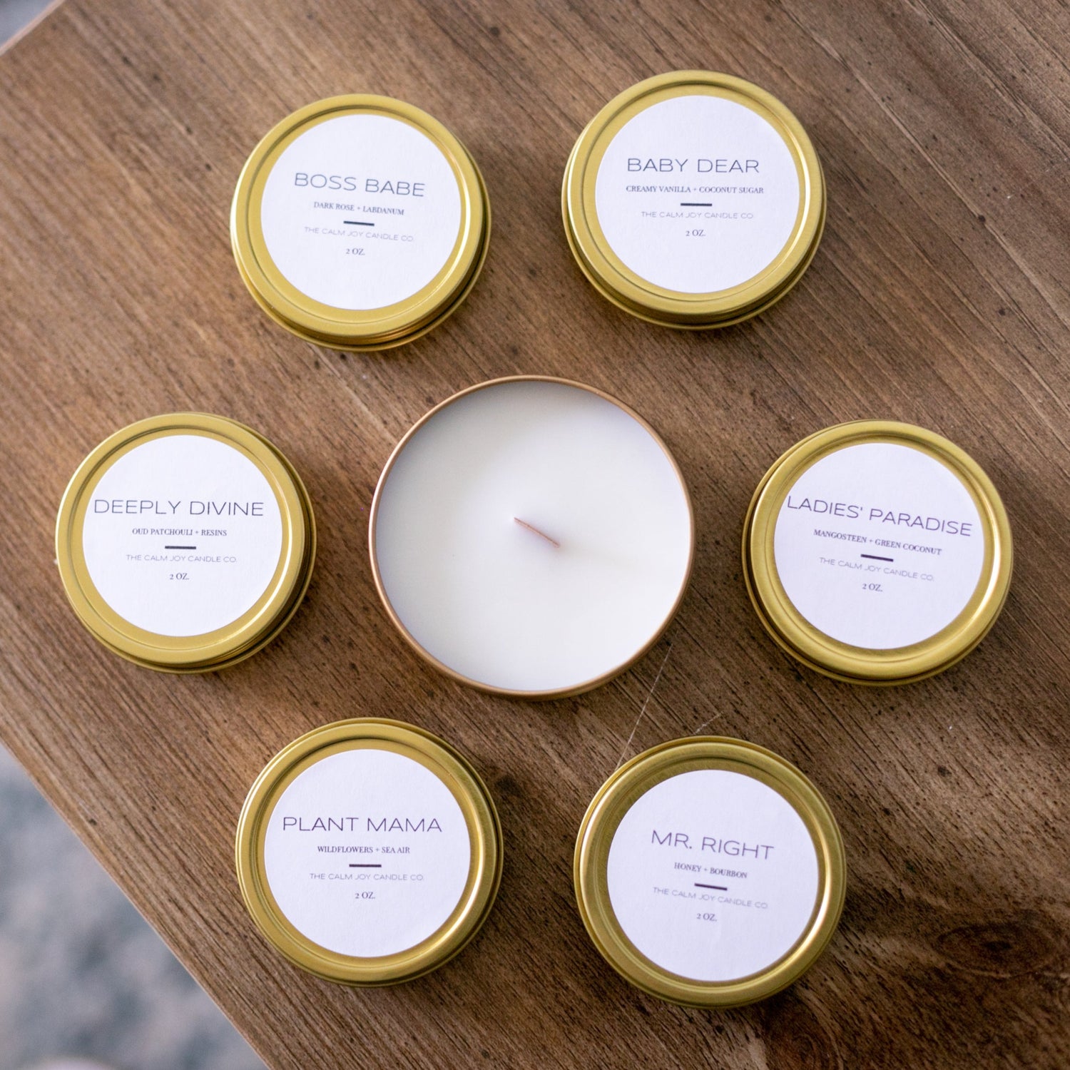 gold tin candle, travel candle, patchouli candle, resins candle, wood wick candle, gold tin