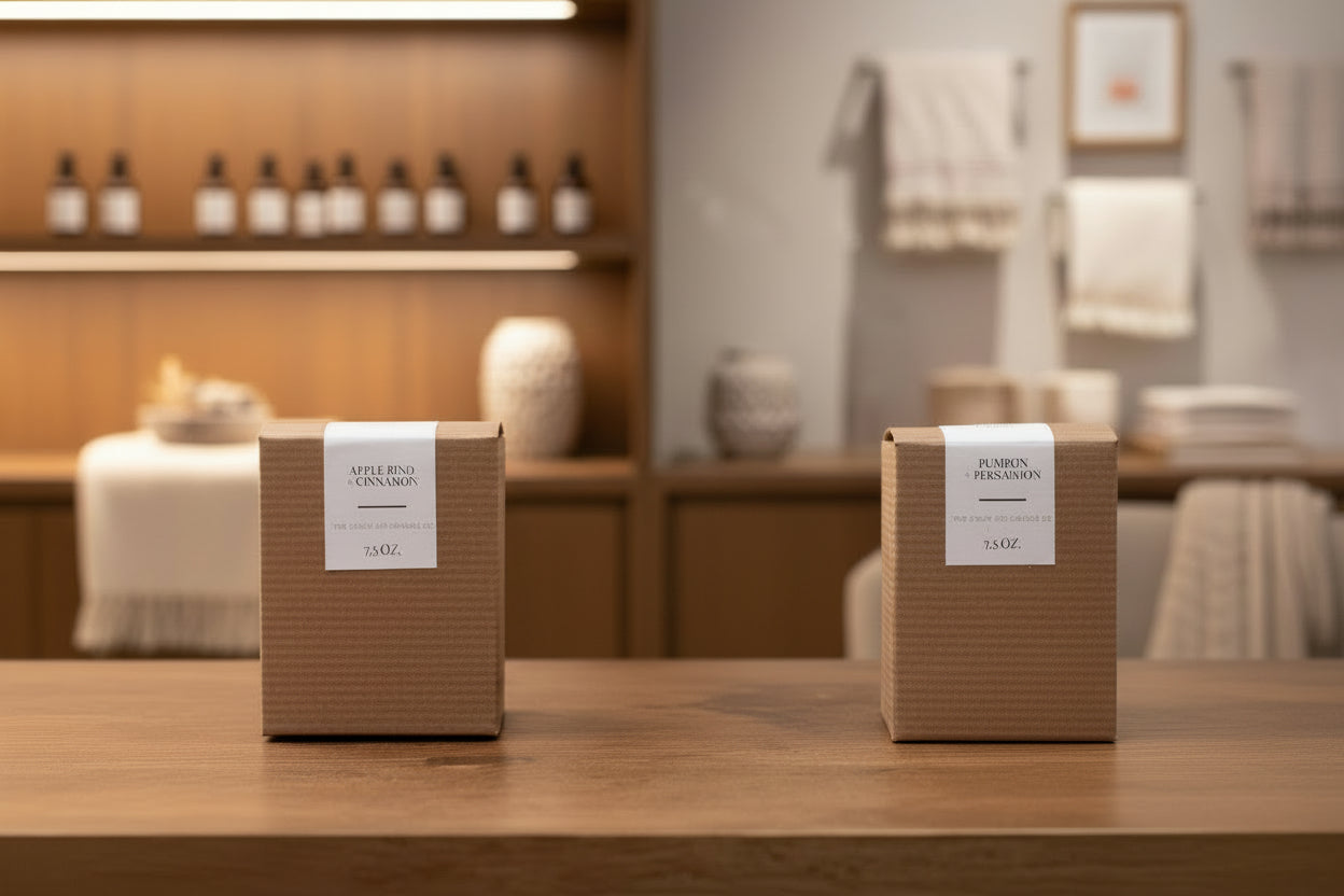 Two cardboard boxes with pumpkins on a wooden surface in a store setting.