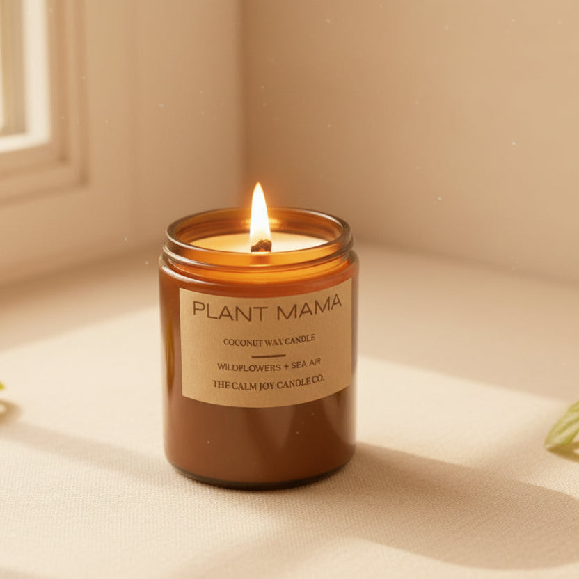 Candle labeled 'Plant Mama' on a windowsill with a plant and box in the background