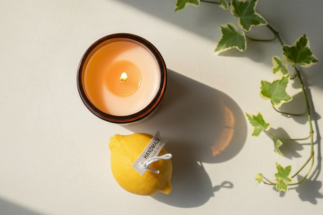 Candle burning with lemon and greenery in natural sunlight