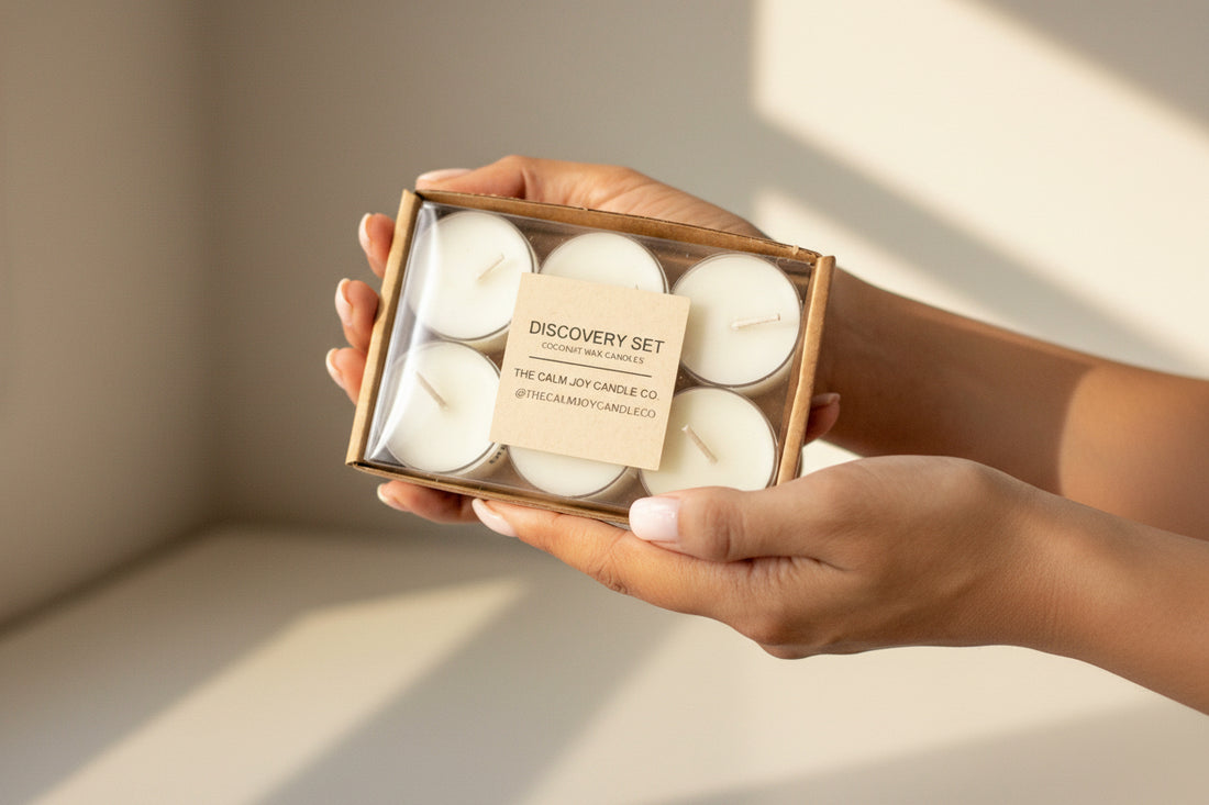 Hands holding Discovery Set of coconut wax candles supporting maternal health
