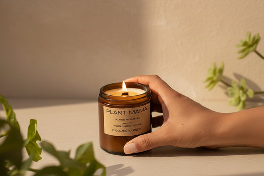 Hand holding lit Plant Mama candle creating a cozy, put-together vibe