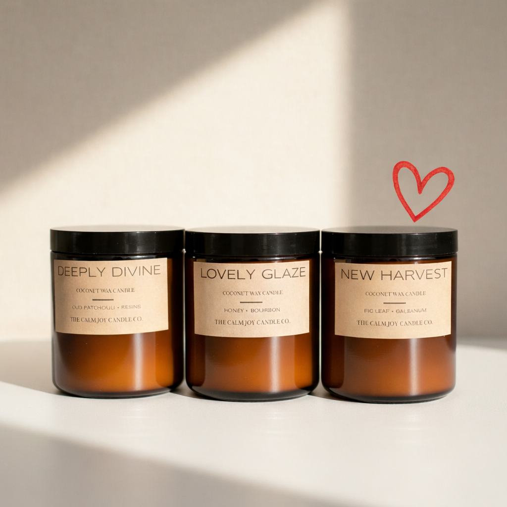 The Calm Joy Candle Co Valentine's Day candles with hand-drawn heart