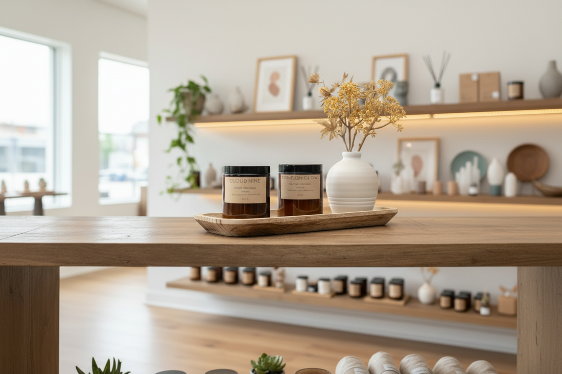 The Calm Joy Candle Co candles in a warm, minimal space