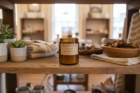 Golden Hour candle setting the mood in a cozy home with plants and warm natural light