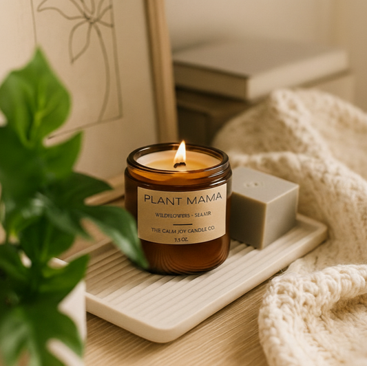 Candle labeled 'Plant Mama' on a wooden tray with a plant and blanket in the background