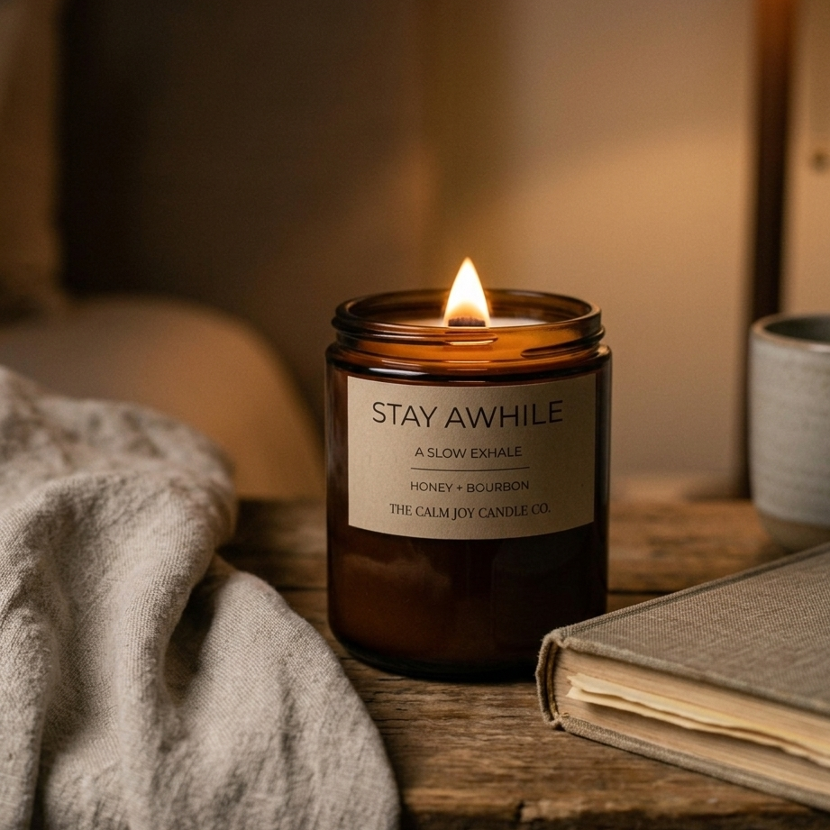 Candle labeled 'Stay Awhile' on a wooden surface with a soft focus background
