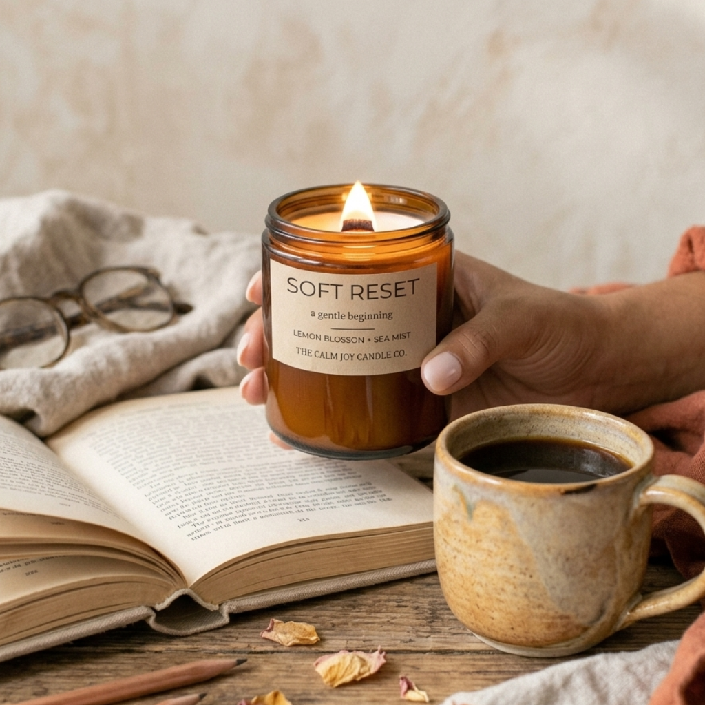 Hand holding a lit candle labeled 'Soft Reset' next to a cup of coffee and an open book on a wooden surface.