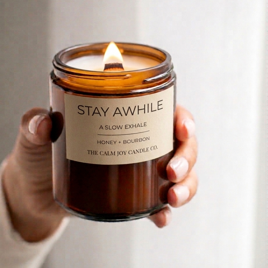 Candle labeled 'Stay Awhile' held by a hand against a neutral background