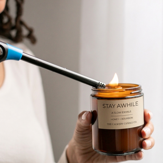Person lighting a 'Stay Awhile' candle with a lighter, with a neutral background.