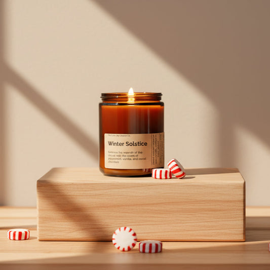A brown jar candle with a label reading 'Winter Solstice' from Peppermint Candle Co., surrounded by candy cane pieces and resting on a cardboard box.