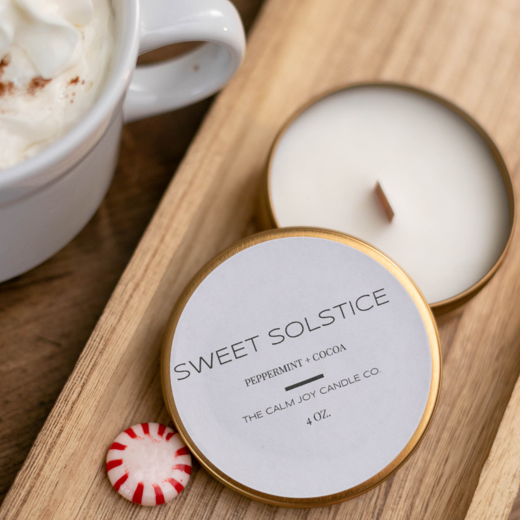 Peppermint + Cocoa Scented Gold Tin Candle