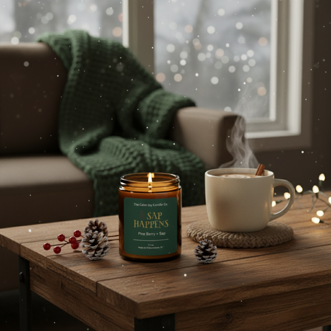 Candle and mug on a wooden table with a cozy background