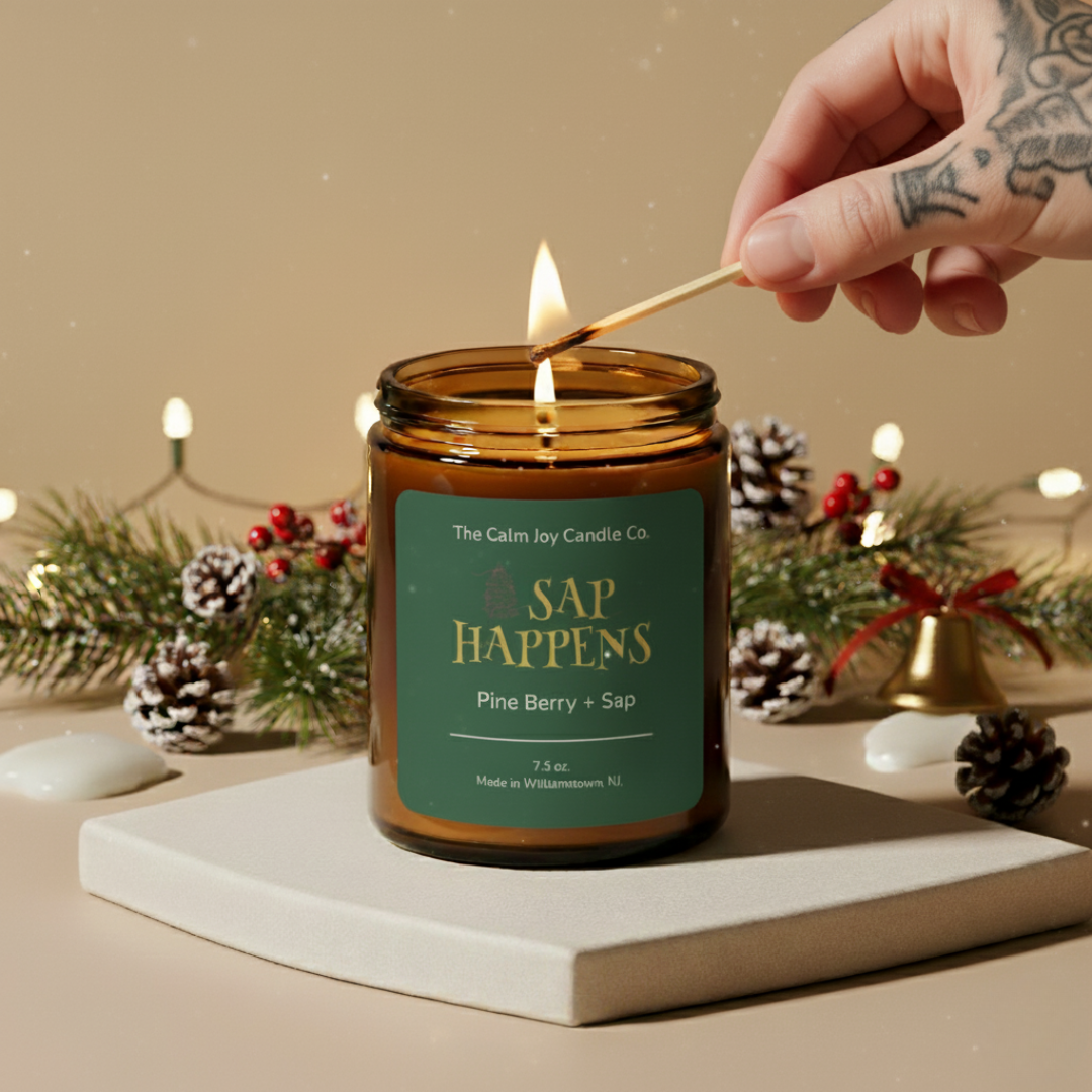 Candle being lit with a match, surrounded by festive decorations on a neutral background