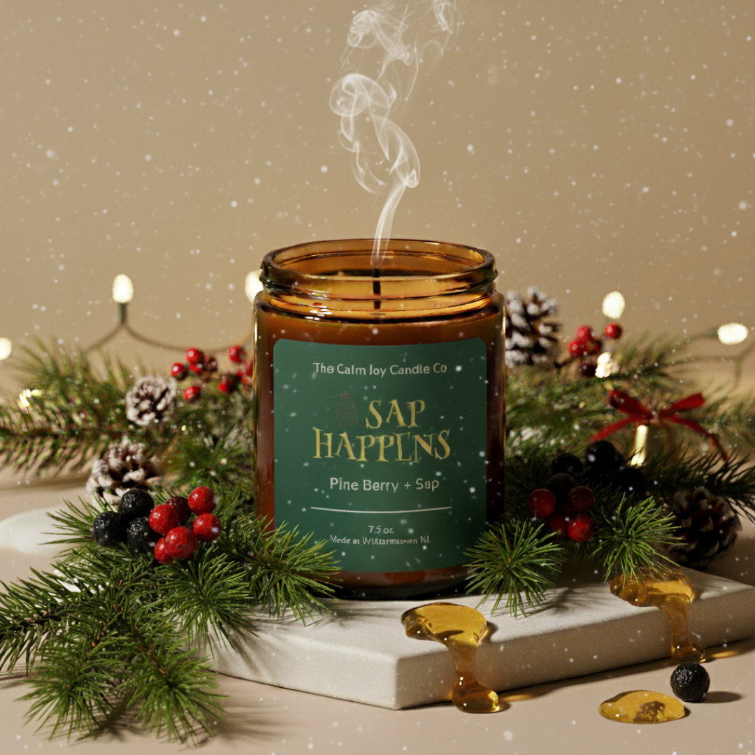 Candle surrounded by festive pine needles and berries