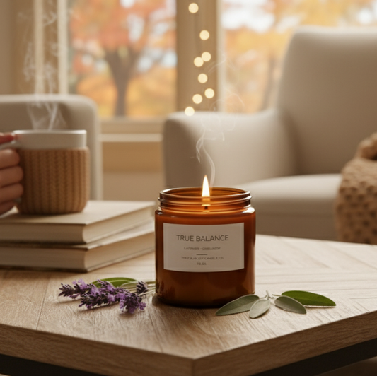 Candle on a coffee table with a cozy living room background