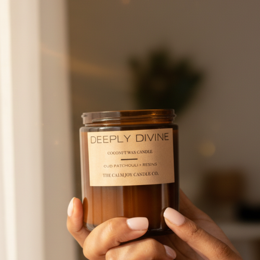 Hand holding a 'Deeplly Divine' candle with a neutral background