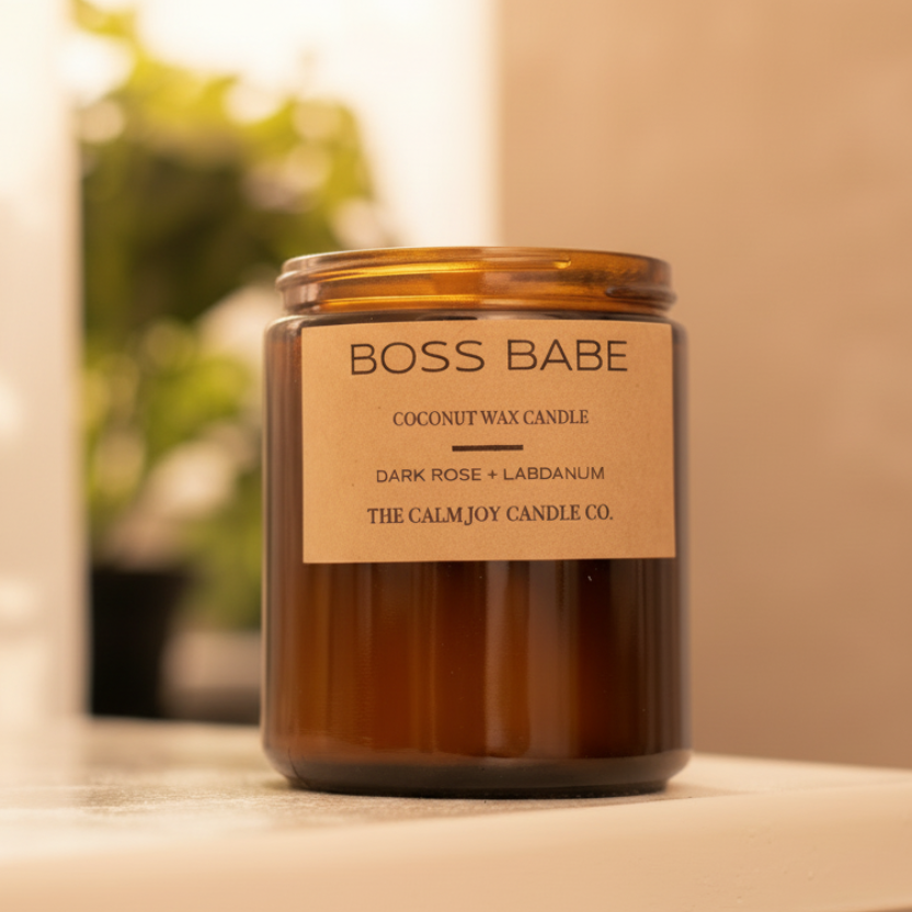 Candle labeled 'BOSS BABE' on a shelf with a blurred plant in the background