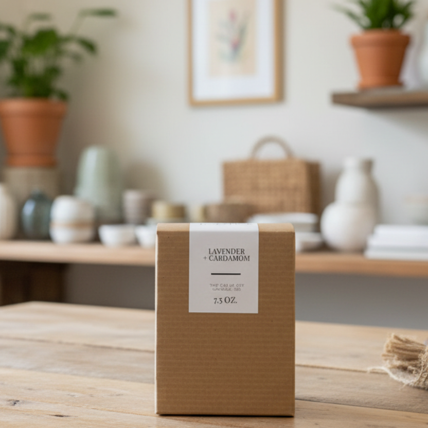 Candle packaging with a label on a textured surface with wooden beads and plants.