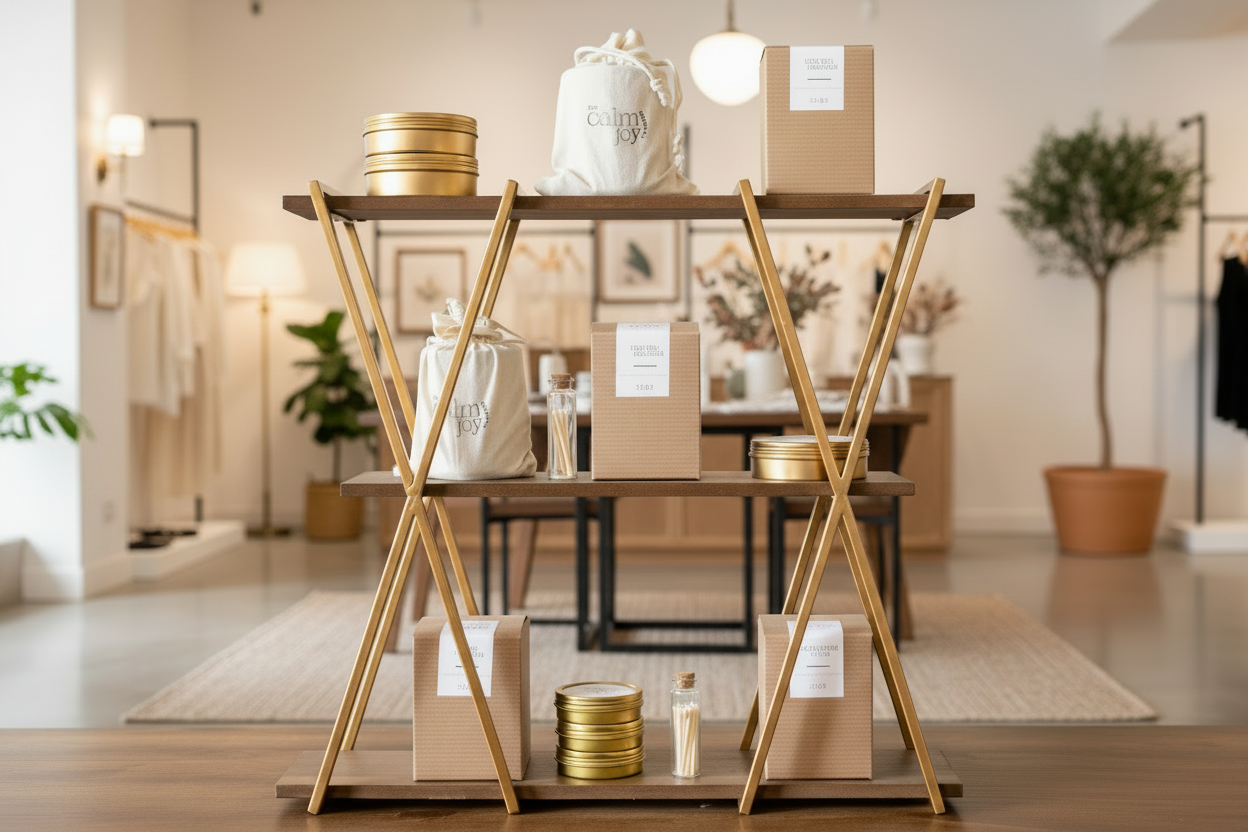 Wooden shelf with decorative items including boxes, containers, and a plant on a wooden surface.