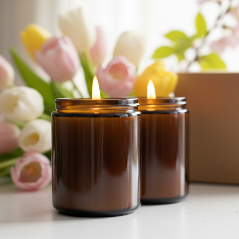 Amber candle labeled 'Deeply Divine' on a light background
