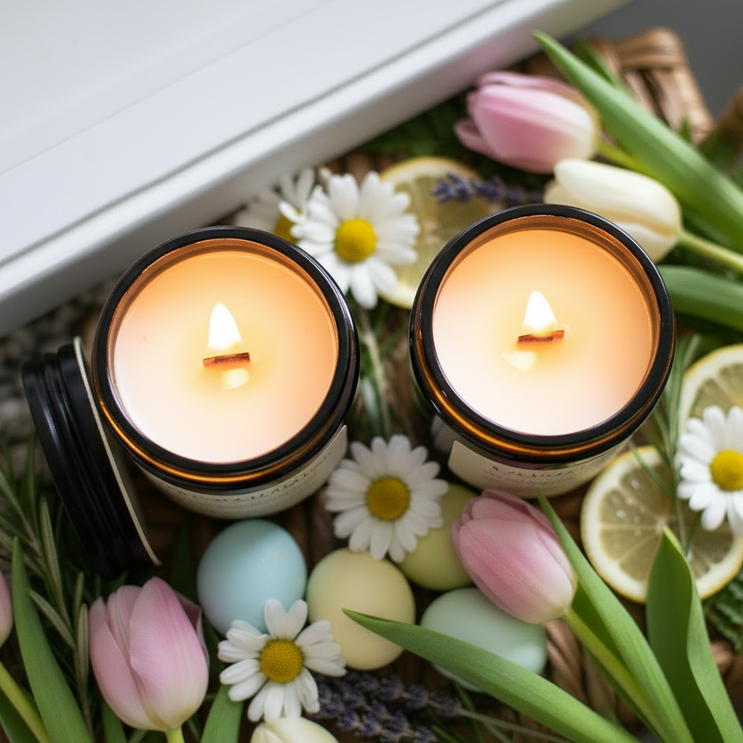 Candle in a brown holder on a woven mat with a slice of grapefruit and a white flower.