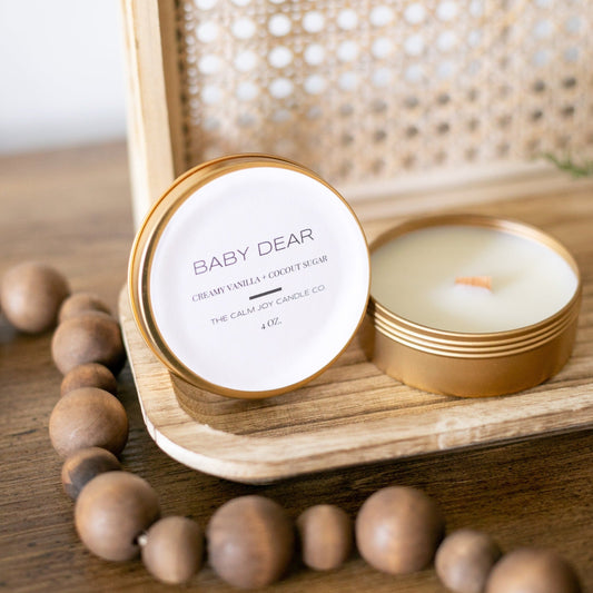 scented candle in gold tin, tin candle, small candle