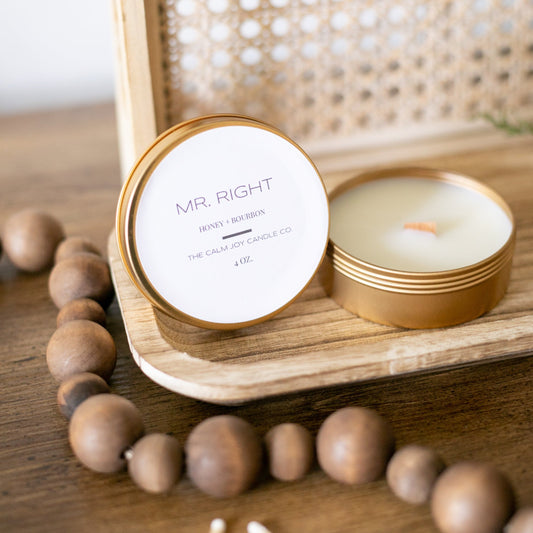 honey candle, bourbon candle, gold tin candle, travel candle, sweet candle, smoky candle